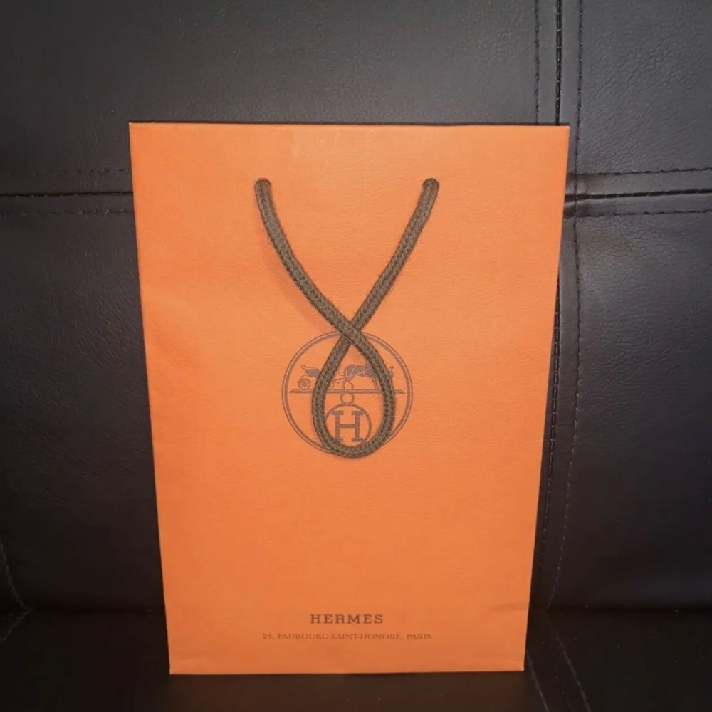 HERMES Empty Paper BAG 6” W 8.75”H 2.75” Width Orange With Brown Rope Handles